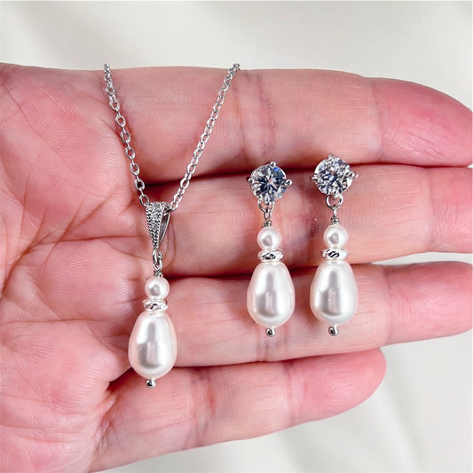 Pear Pearl Drop Earrings Necklace Set Bridal Crystal Jewelry