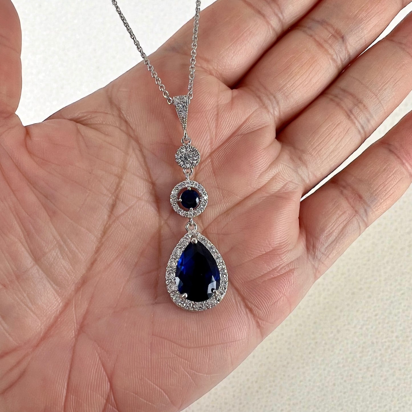 Blue Sapphire Teardrop Bridal Necklace and Earrings Jewelry Set