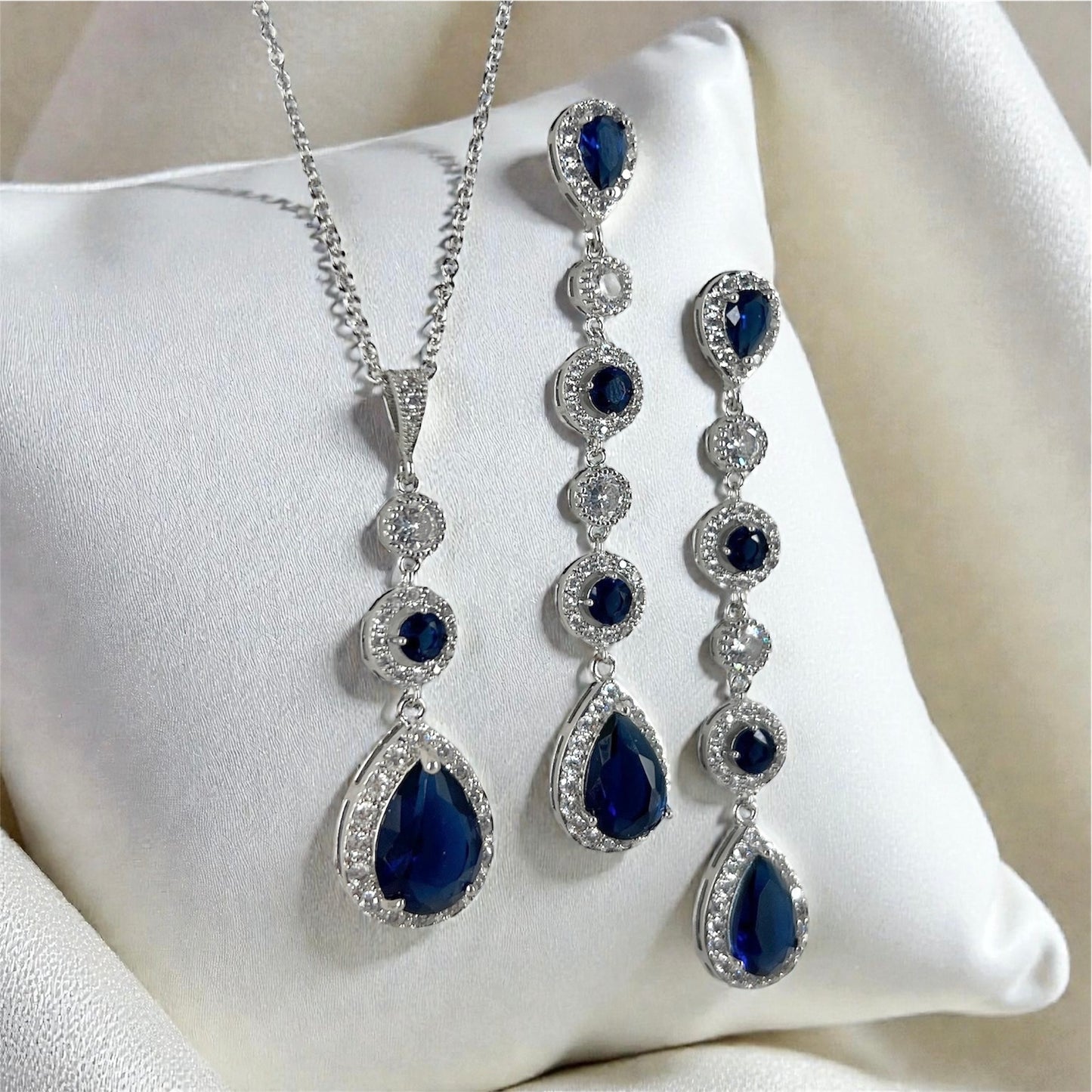 Blue Sapphire Teardrop Bridal Necklace and Earrings Jewelry Set
