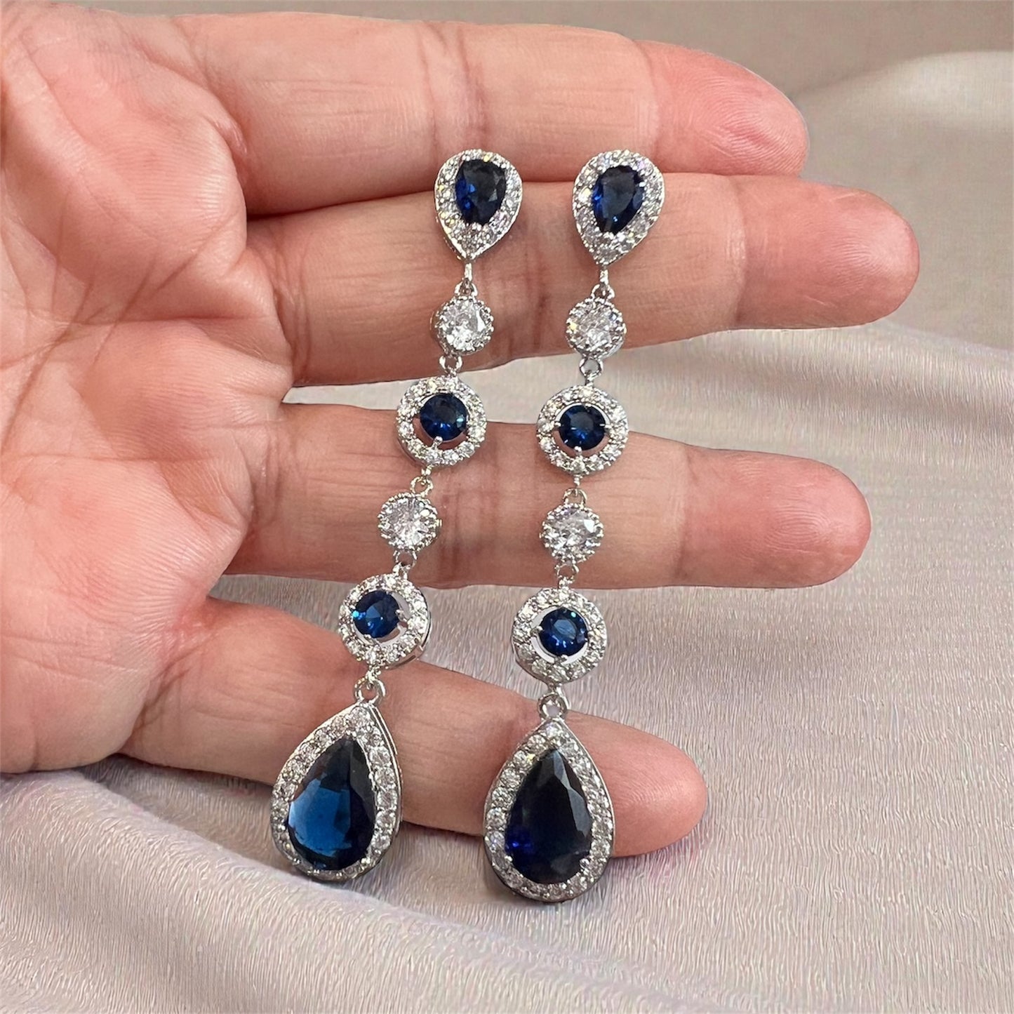 Blue Sapphire Teardrop Bridal Necklace and Earrings Jewelry Set