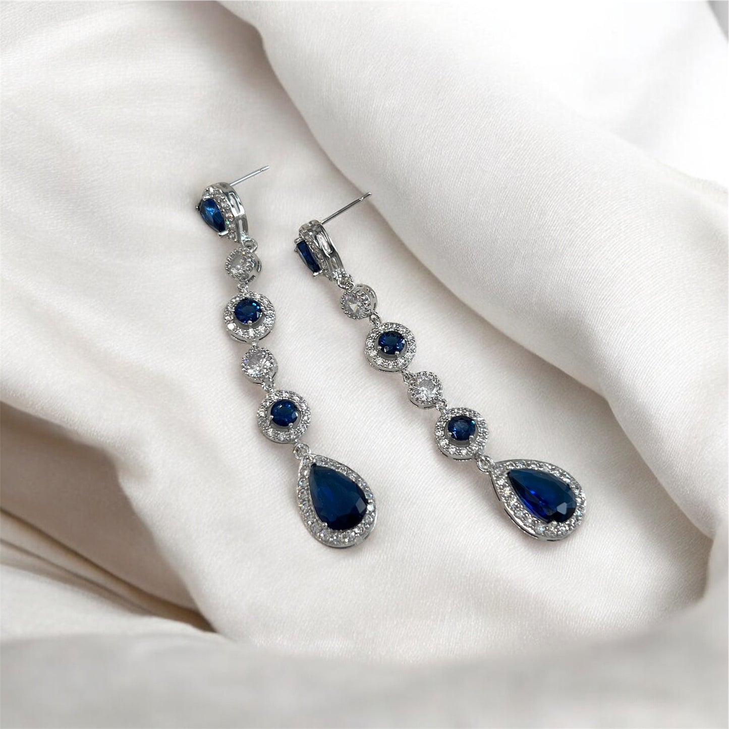Blue Sapphire Teardrop Bridal Necklace and Earrings Jewelry Set