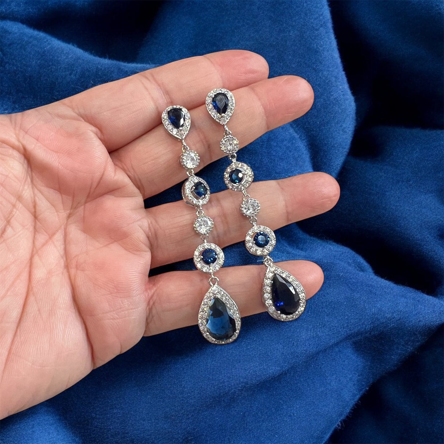 Blue Sapphire Teardrop Bridal Necklace and Earrings Jewelry Set