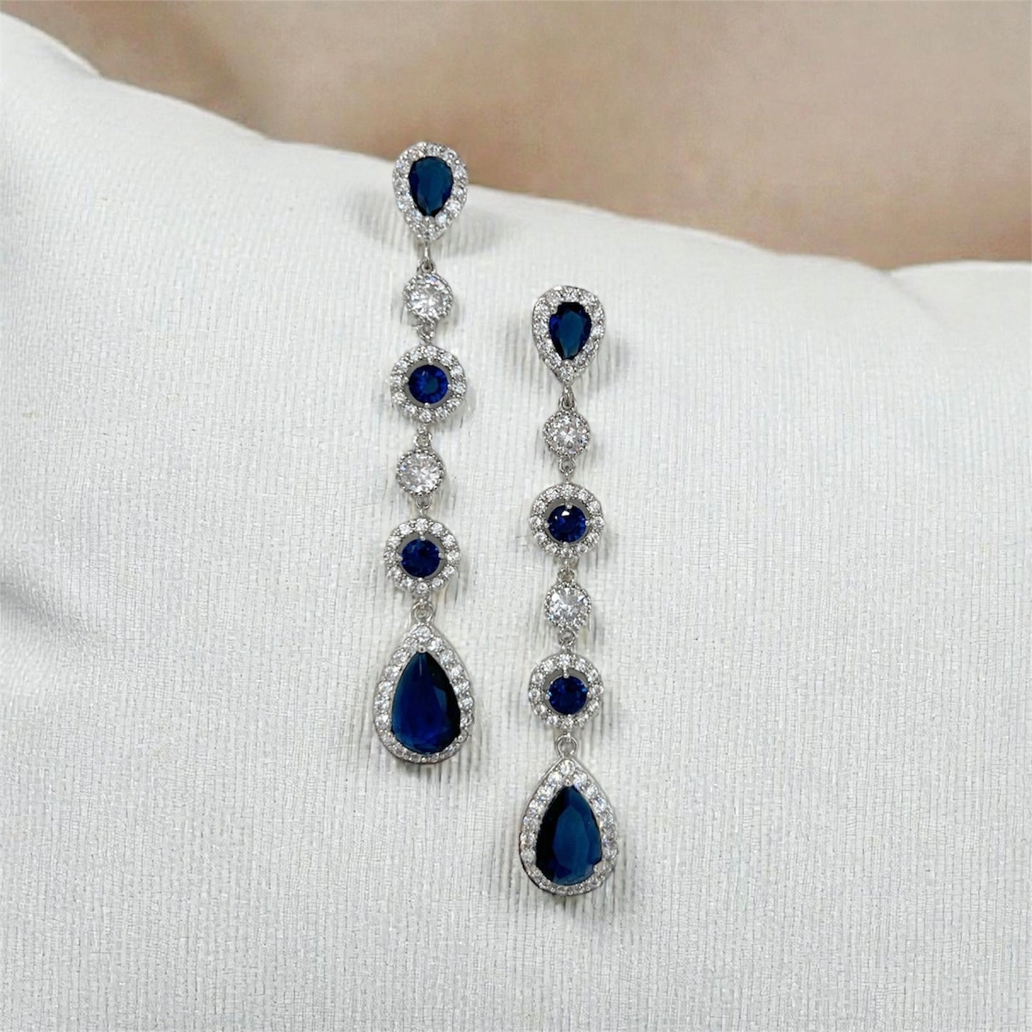 Blue Sapphire Teardrop Bridal Necklace and Earrings Jewelry Set