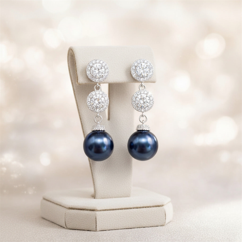 Wedding Navy Pearl Earrings Crystal Bridal Accessory
