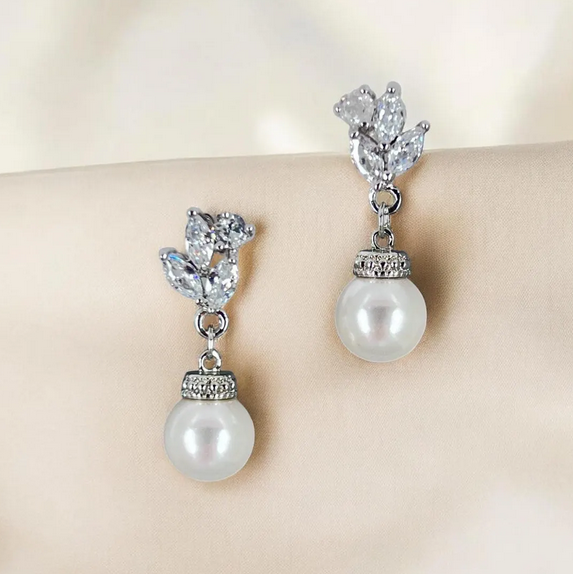 Bridal Pearl Drop Earrings Necklace Set Floral Dangle Wedding Jewelry