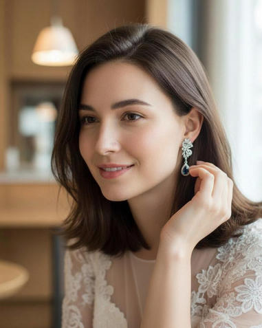 Woman wearing the cz flower sapphire blue teardrop earrings.