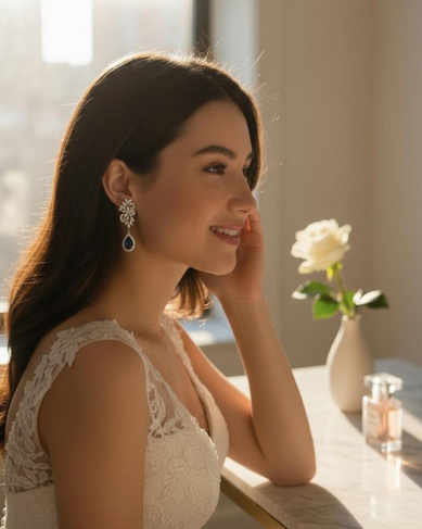 Woman in a white lace dress sitting by a window wearing the CZ floral with sapphire blue teardrop earrings.