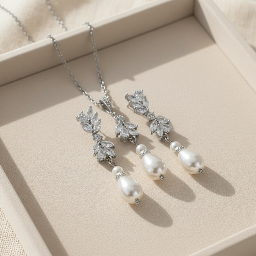 Bridal Leaf Crystal and Pearl Drop Silver Earrings