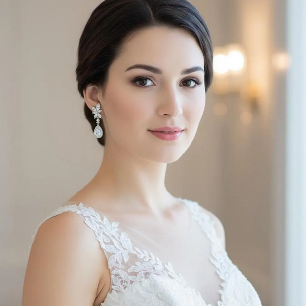 Teardrop pearl crystal drop earrings on bride