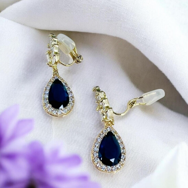 18K gold something blue bridal crystal clip on earrings