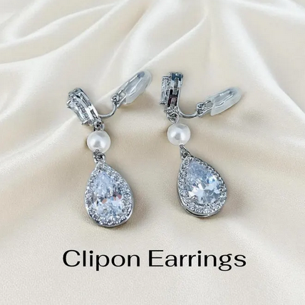 Wedding Teardrop Clip On Crystal Bridal Earrings