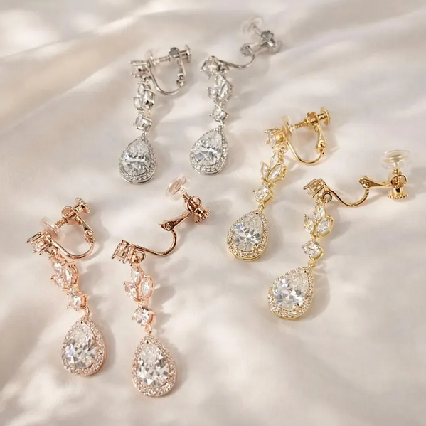 Wedding Crystal Leaf Teardrop Clip on Earrings Bridal Jewelry
