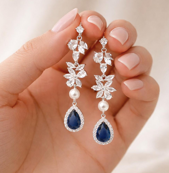 Sapphire Blue Teardrop Bridal Earrings