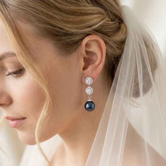 Wedding Navy Pearl Earrings Crystal Bridal Accessory